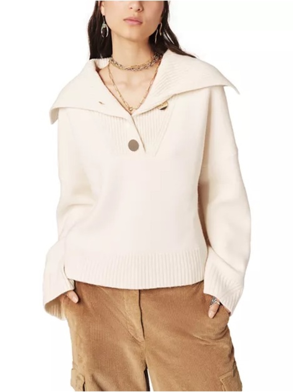 ba&sh Cream V-Neck Sweater with Sailor Collar